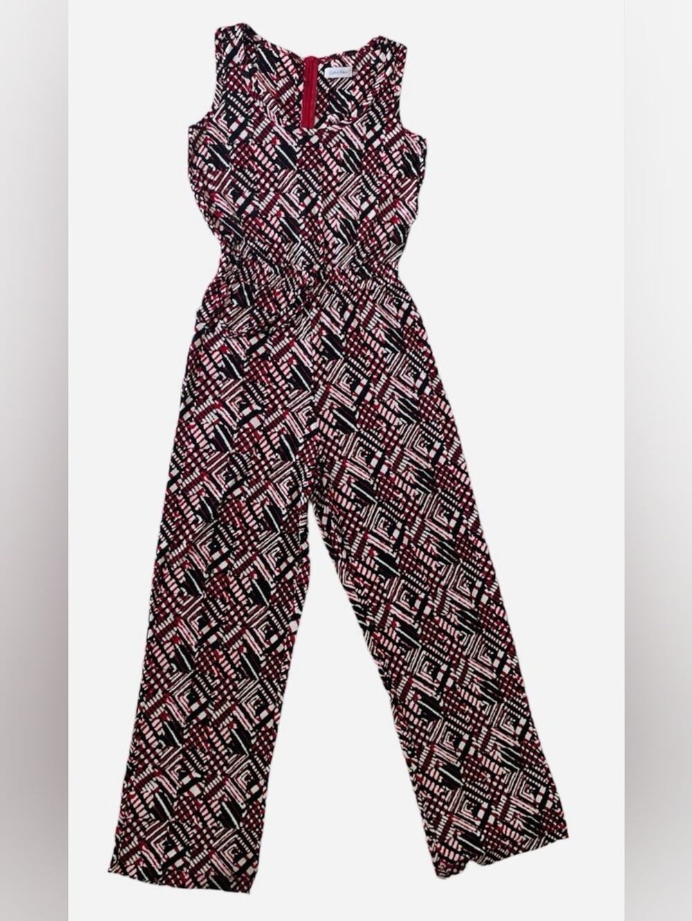 Calvin Klein Sleeveless Wide Leg Geometric Jumpsuit - Red, White & Black SIZE 10